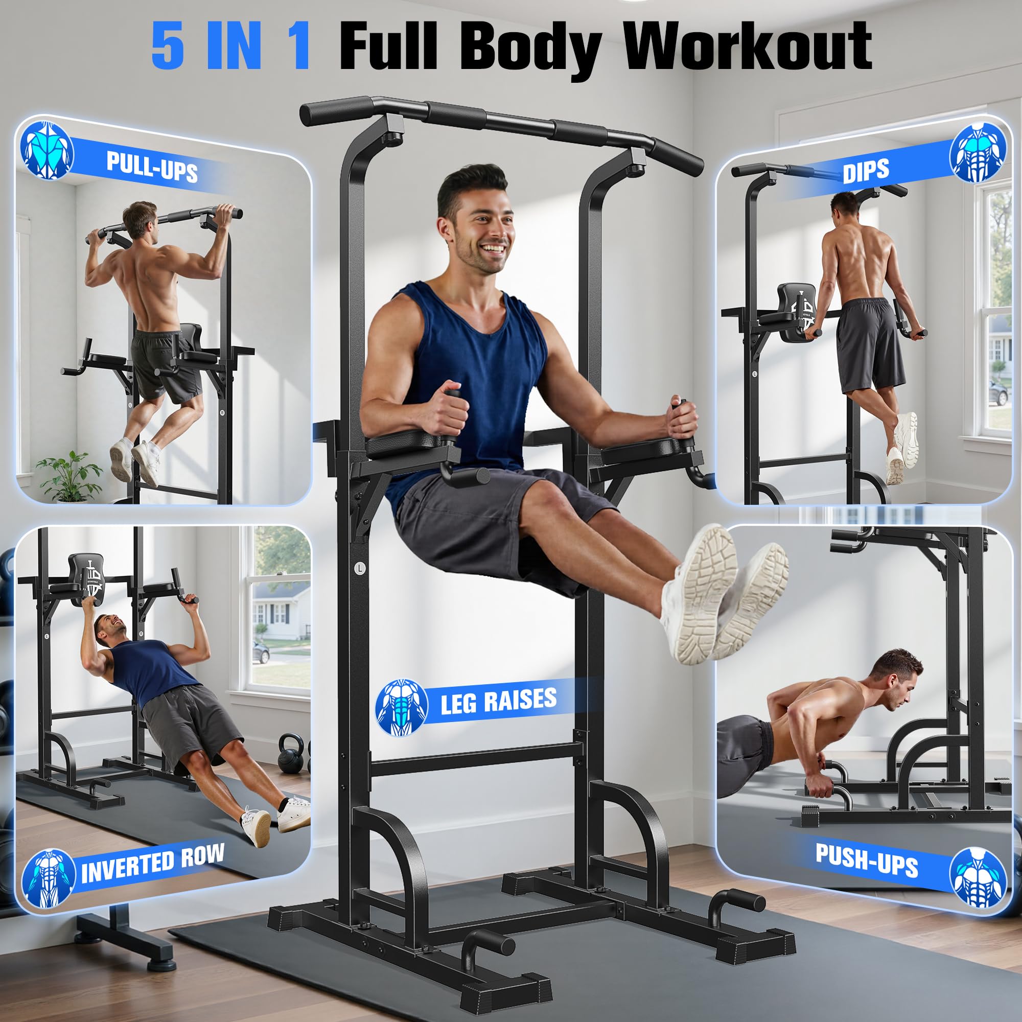 Sportsroyals Power Tower Pull Up Bar Station, 450LBS Stable Pull Up Dip Station for Home Gym Strength Training Equipment