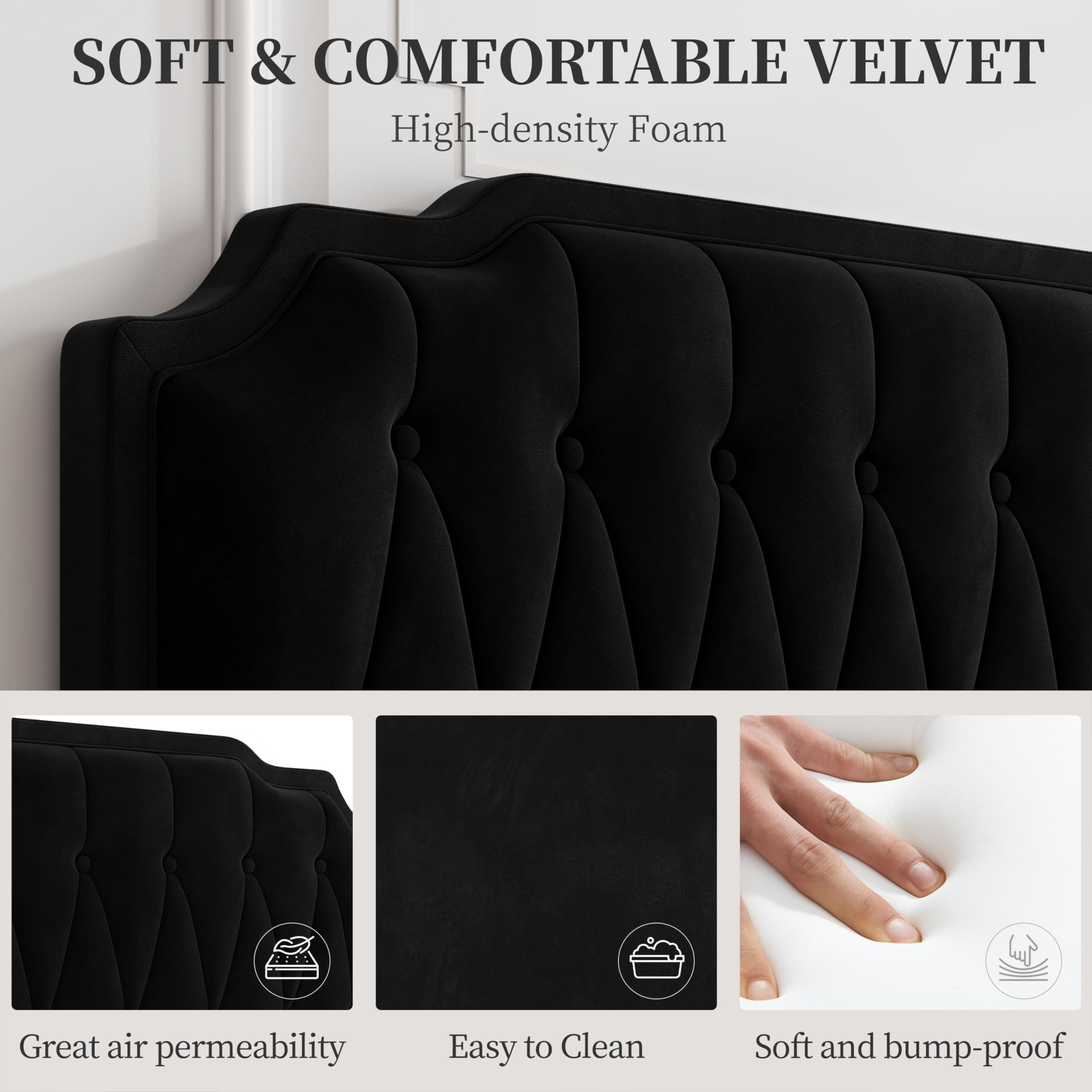 Yaheetech 5ft King Bed Frame Upholstered Platform Bed with Adjustable Button Tufted Headboard/Velvet Fabric/Sturdy Wooden Slat Support/No Box Spring Needed, Dark Grey King Bed