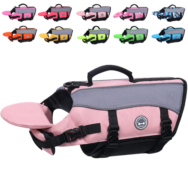 VIVAGLORY Front Float Dog Life Jacket, Dog Buoyancy Aid for Swimming & Boating, Life Vest with Chin Float & Handle, Ripstop & Buoyancy for Doggy, L, Yellow Grey