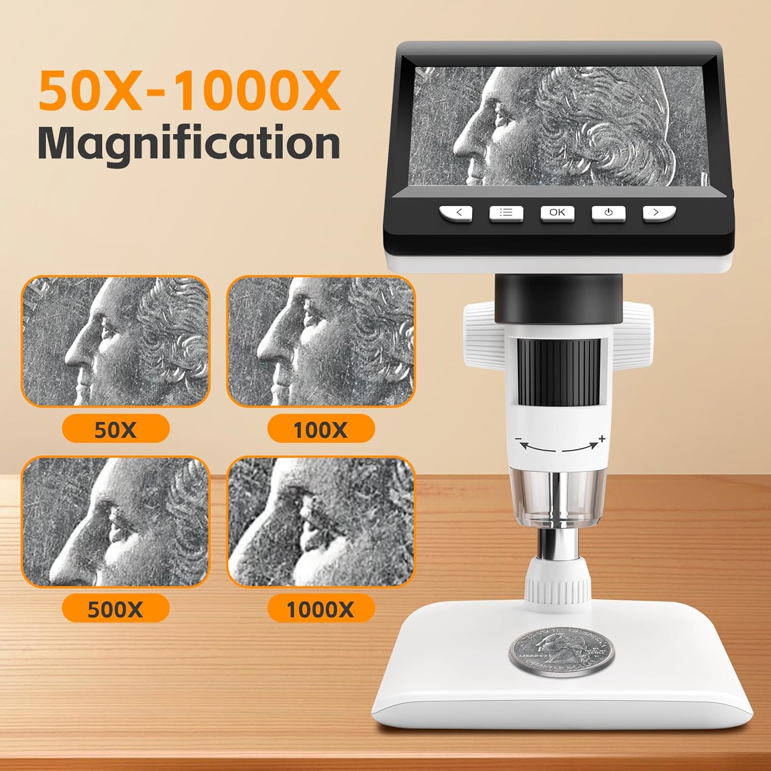 GlobalCrown Digital Microscope for Kids Adults,50-1000X Magnification Microscopes with 4.3 Inch Screen,Coin Microscope with 8 Adjustable LED Light Soldering Magnifier,Windows Mac Compatible