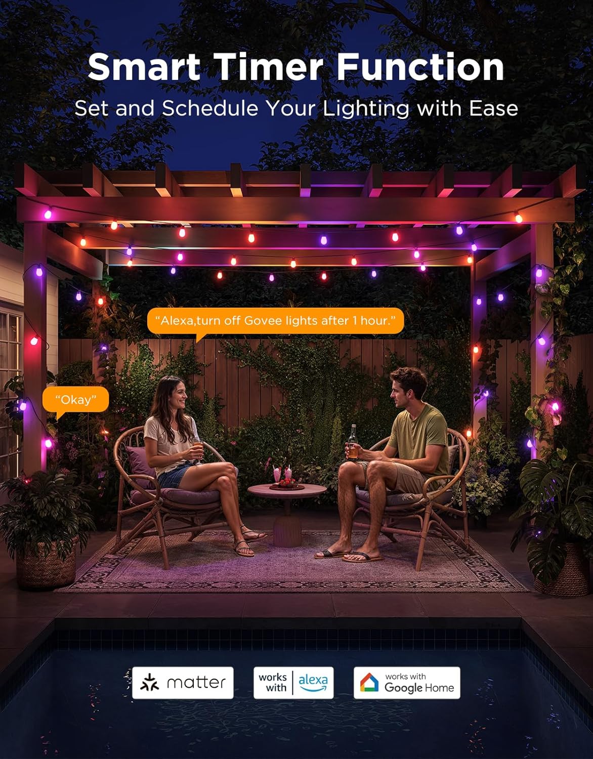 Govee Outdoor String Lights 15M, Smart RGBIC Dimmable Lights Warm White LED Bulbs, IP66 Waterproof Garden Lights with 111 Scene Modes, Works with Alexa, Google Assistant, Matter for Backyard, Party