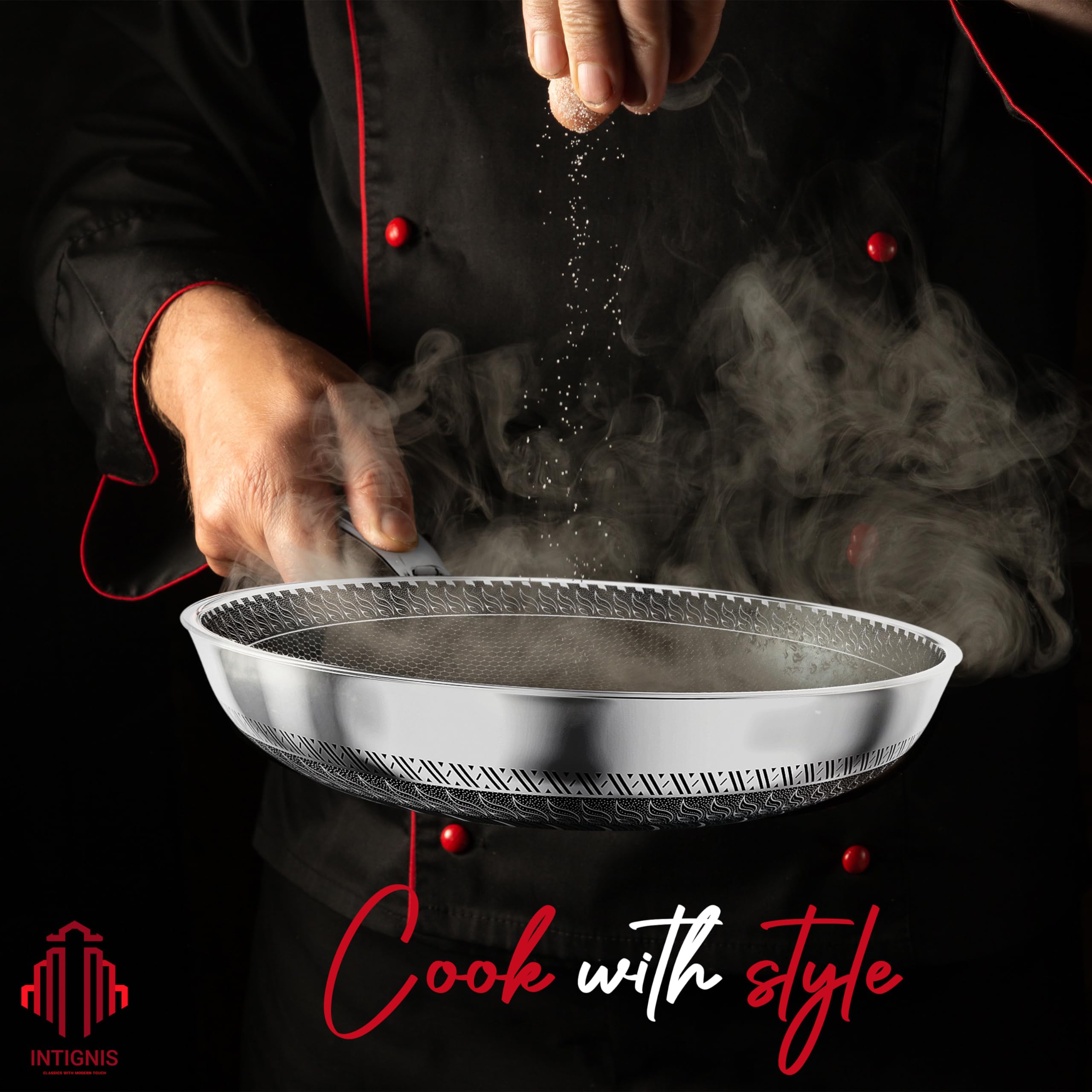 INTIGNIS Premium Frying Pan with Lid  30cm/ 12 Inches  Non-Stick | Scratch Resistant | Extra Deep Large | Chemical Free | Stainless Steel Skillet |