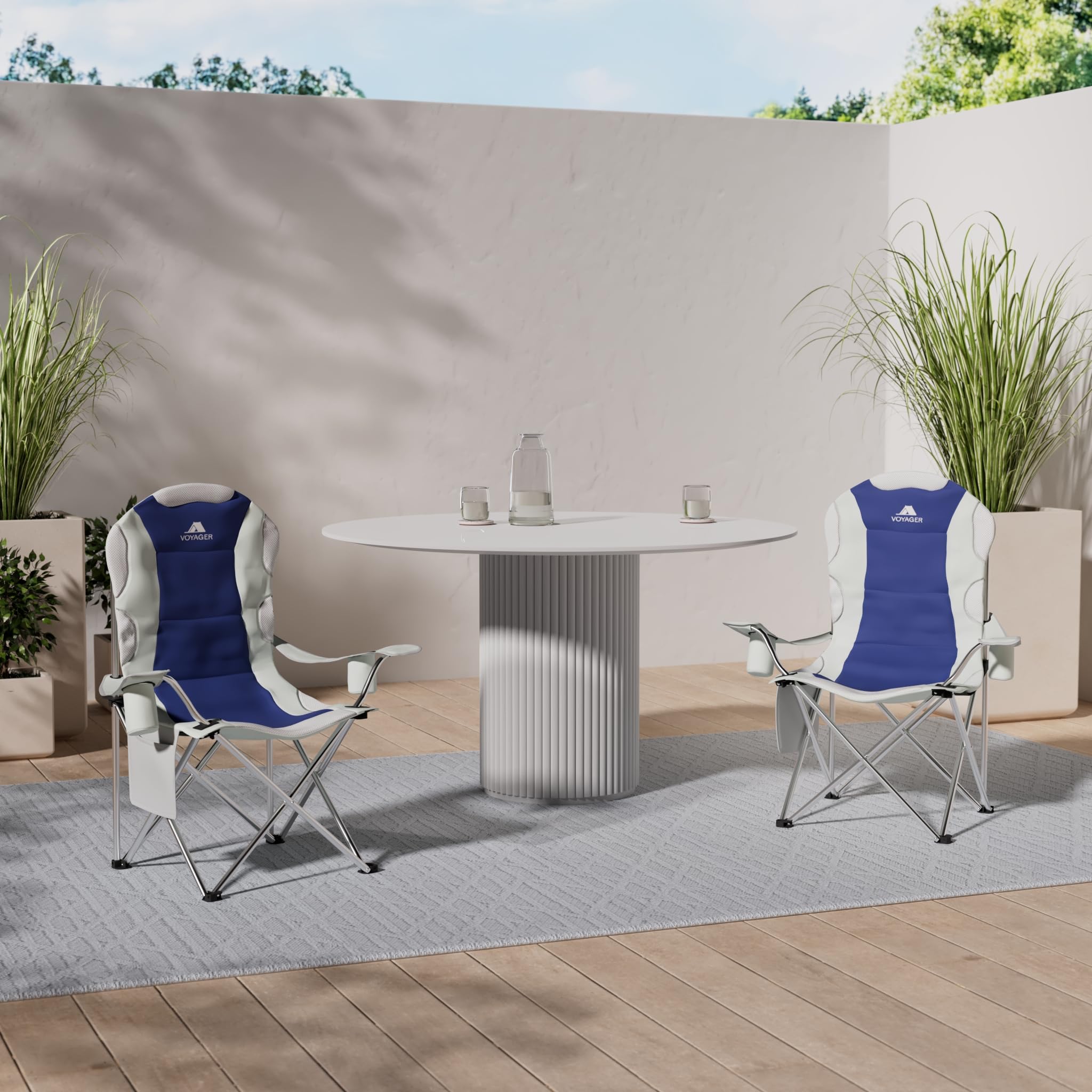 Voyager Folding Camping Chairs 2 Pack with Cooler Bag, Lightweight Q195 Steel Frame, 600D Oxford Fabric, Portable & Comfortable - Black (Black, Padded)