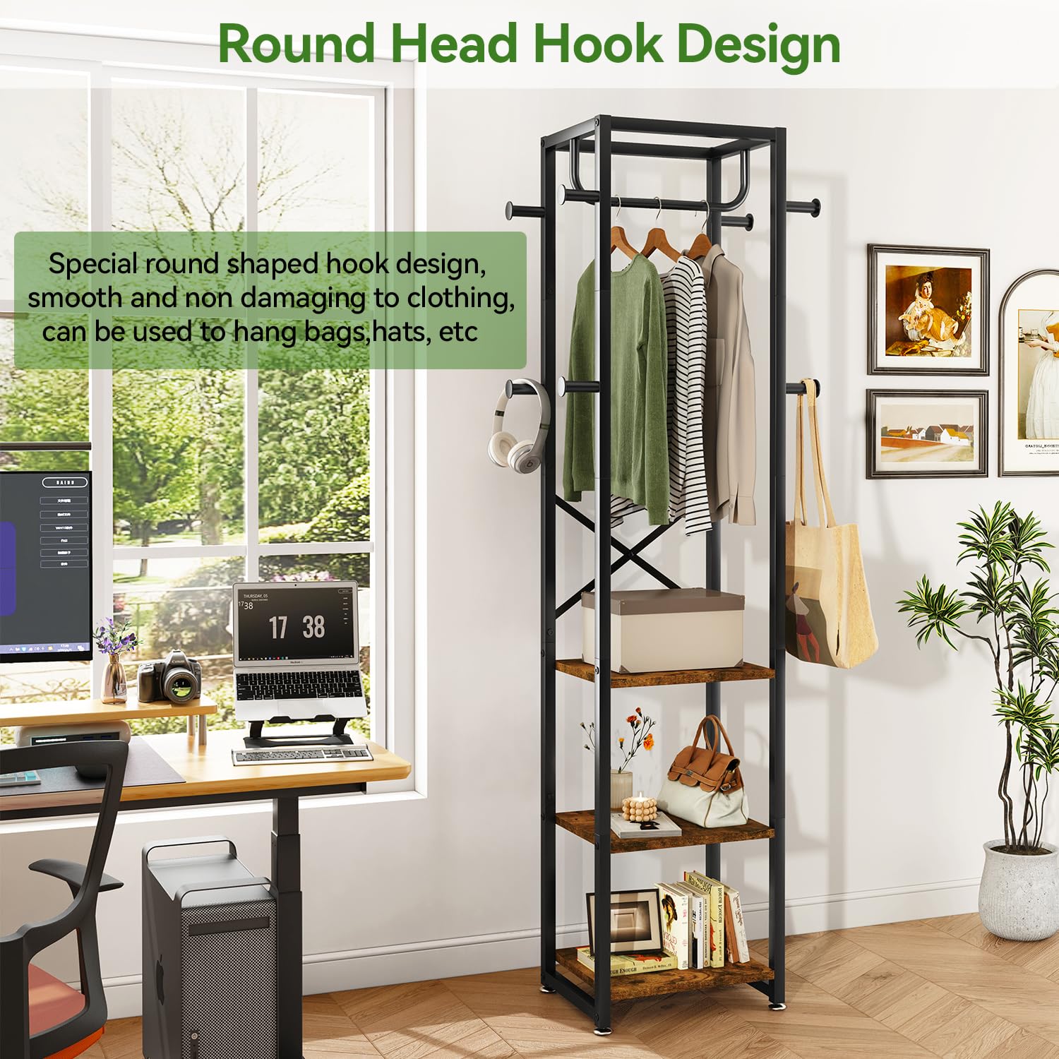 IBUYKE Coat Rack, Freestanding Coat Stand with 3 Shelves and 8 Hooks, Industrial Clothes Stand for Entryway, Hallway, Bedroom, 180 x 40 x 30 cm,