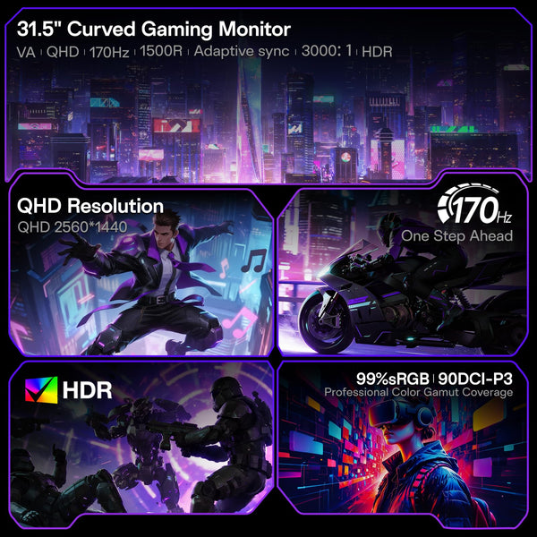 KOORUI 32 inch Curved Gaming Monitor,1440p(2560x1440),170Hz.1ms, 2K, QHD,VA 1500R, HDR10,Adaptive Sync, VESA & Eye Care Ultra-Thin Support DP/HDMI