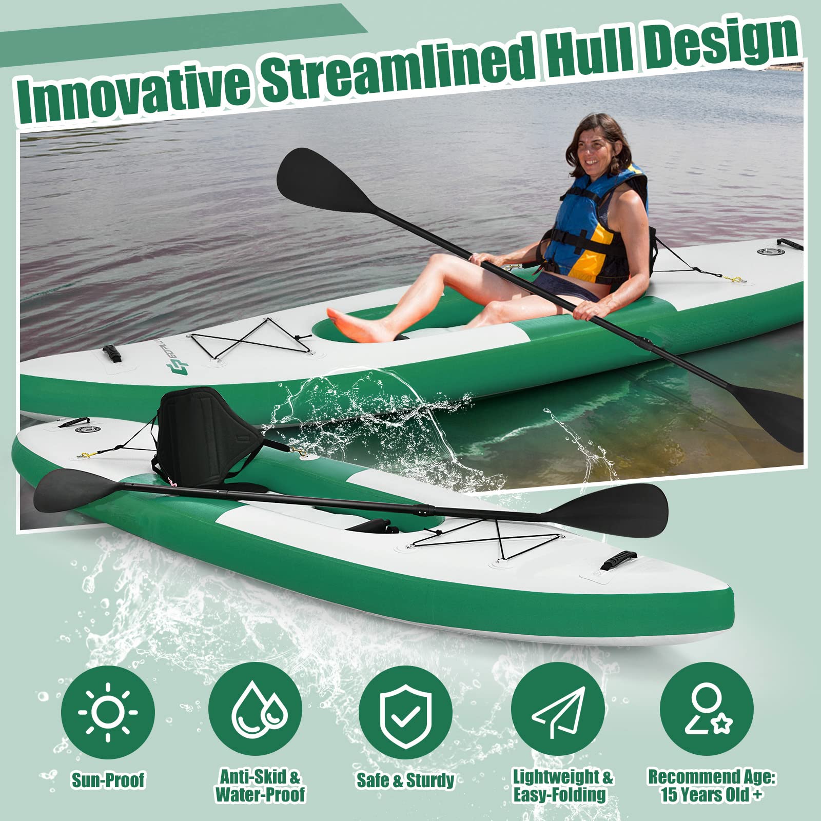 COSTWAY 10.8ft Inflatable Kayak, 1 Person Sit on Canoe with Adjustable Aluminum Oar, Hand Pump and Padded Seat, Paddle Kayaks Blow up Boat for River Lake Sea
