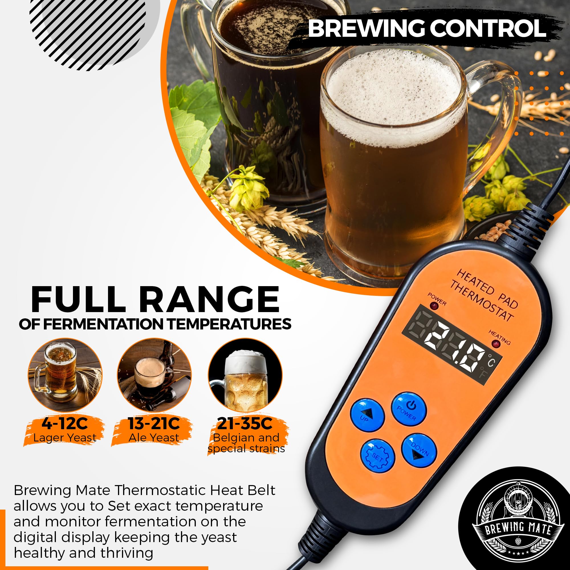 Brewing Mate Thermostatic Home Brew Heat Belt - Equipment for Beer and Wine Fermentation Temperature Control (Thermostatic)