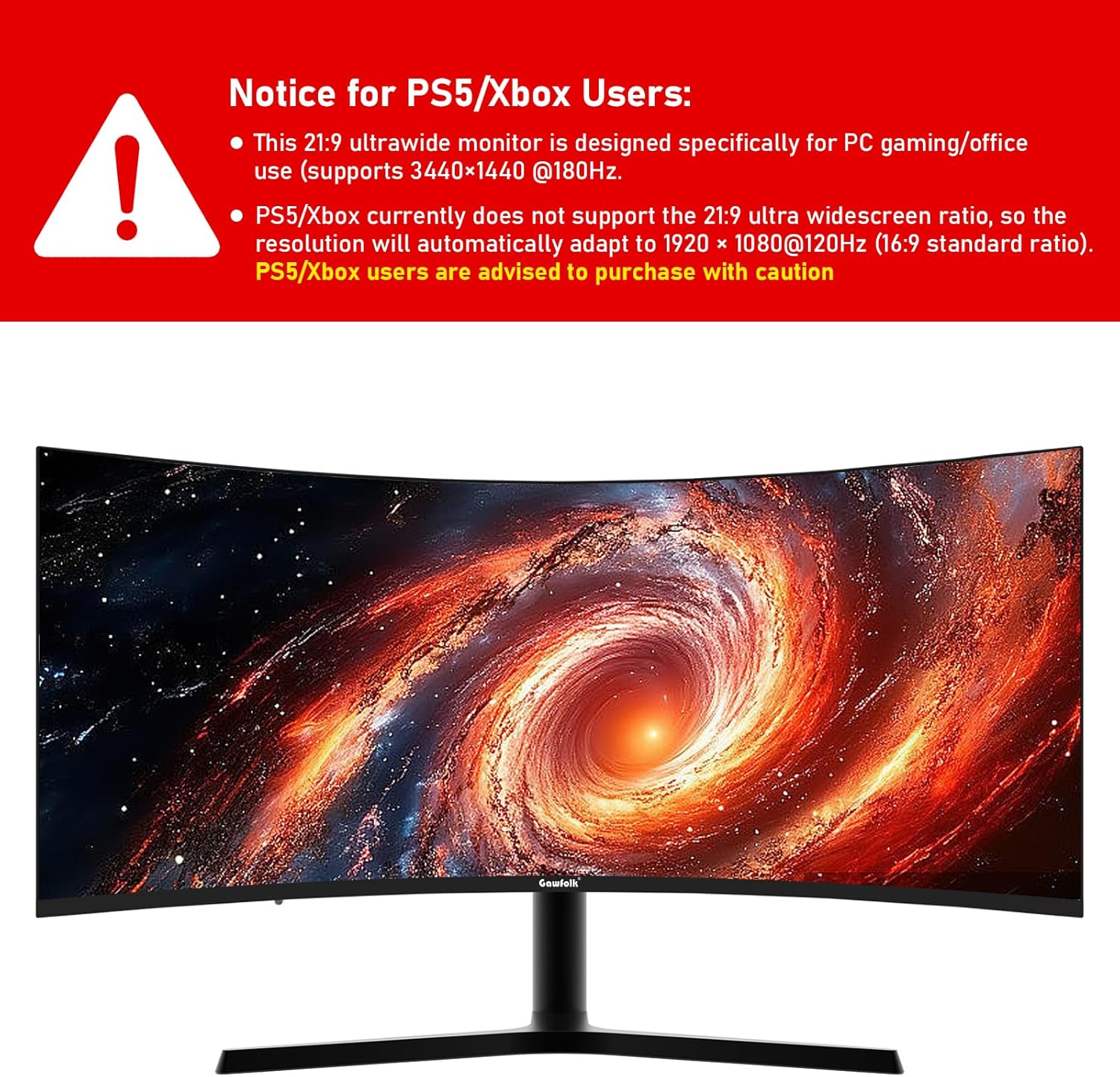 Gawfolk 34 Inch Ultrawide Curved 144Hz Gaming Computer Monitor 1500R PC Screen 21:9 UWQHD (3440x1440),Adaptive Sync,178° Viewing Angle,Display Port、HDMI 2.0, VESA75x75MM-Black