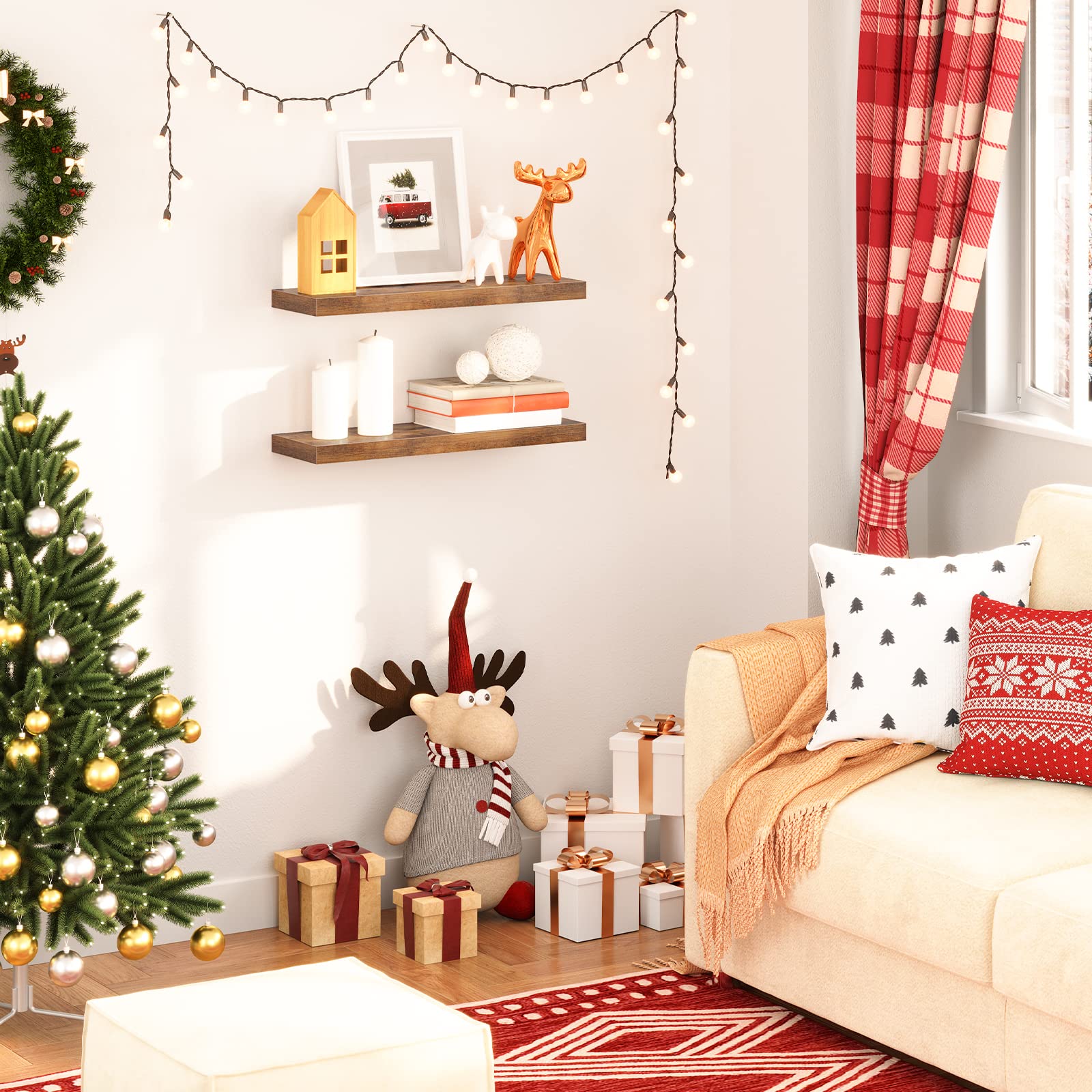 HOOBRO Floating Shelves, Wall Shelves Set of 2, Wall Mounted Shelves, 60cm, Wall Display Racks, Decorative Hanging Shelf, Wooden Shelves, for