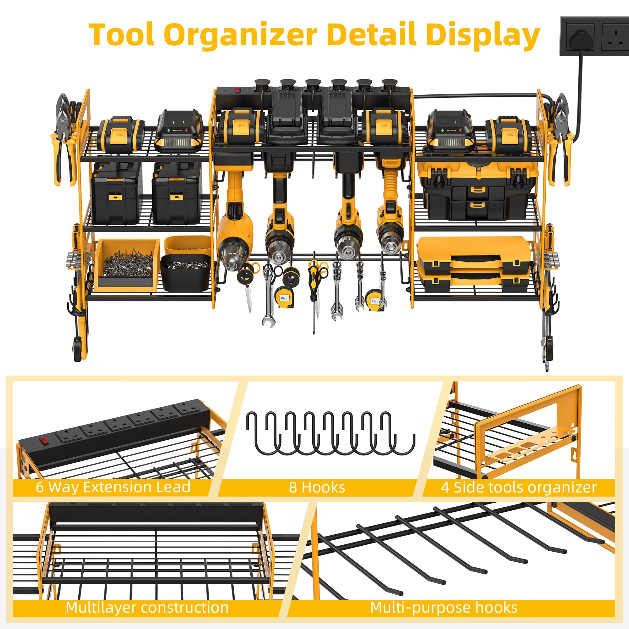 Power Tool Organizer with 6 Way Extension Lead,Large Tools Charging Station,8 Power Drill Tools Heavy Duty Drill Holder Wall Mounted Rack Utility Metal Tool Shelf Storage Organiser for Garage