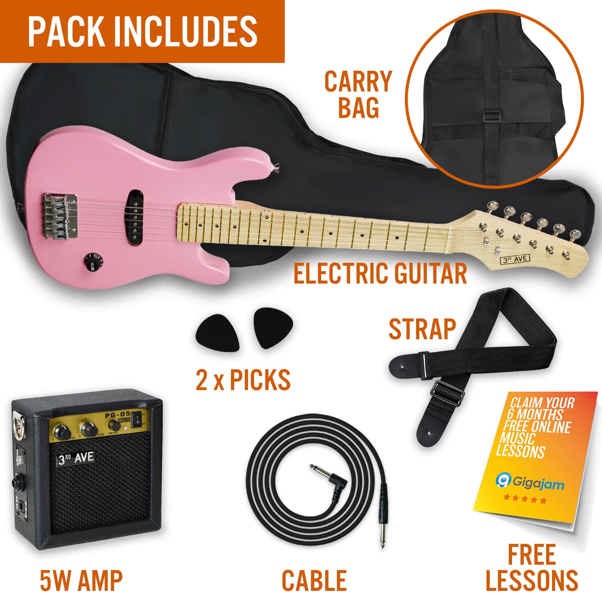 3rd Avenue 1/4 Size Kids Electric Guitar Pack for Junior Beginners - 6 Months FREE Lessons, 5W Portable Amp, Cable, Bag, Picks and Strap - Red