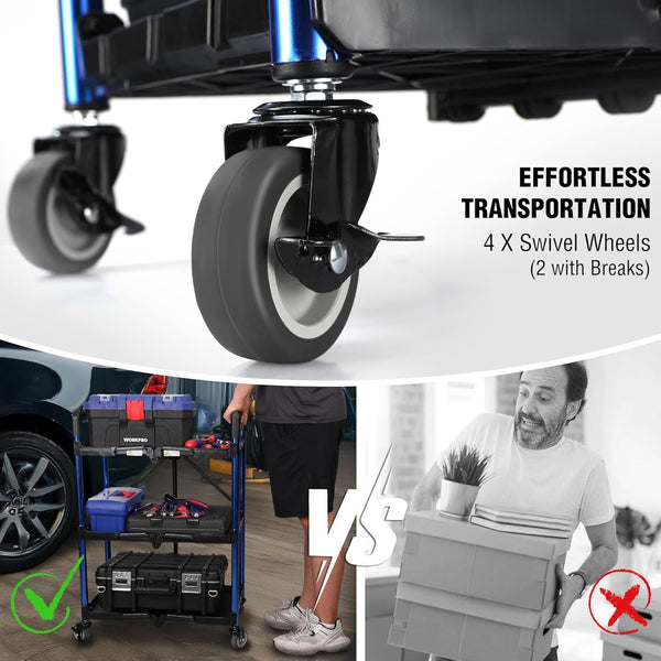 WORKPRO 3-Tier Collapsible Service Cart with Wheels, 31.8 kg Capacity & Ergonomic Handle - Folding Cart for Garage, Workshop, Home & Office