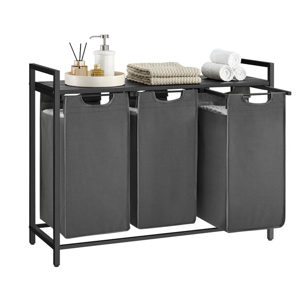 VASAGLE Laundry Basket, Laundry Hamper, Pull-Out and Removable Liner Bag, Shelf, Metal Frame, 65 L, 50 x 33 x 72 cm, Ink Black and Rustic Brown BLH101B01