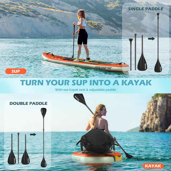 10'6" Inflatable Stand Up Paddle Board with Kayak Conversion Kit, Complete SUP Set Paddle Boards for Adults, with Single/Double Paddle, Kayak Seat, Backpack and More Accessories