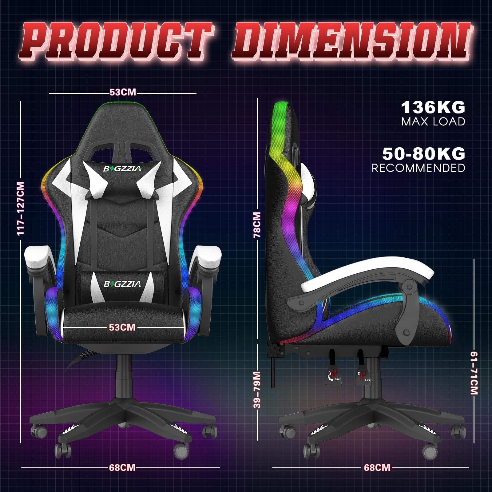 bigzzia RGB Gaming Chair with LED Lights and Ergonomic Computer Chair Reclining PU Leather High Back Video Game Chair with Headrest Adjustable Lumbar Support Linkage Armrest for Adults (Black/Grey)