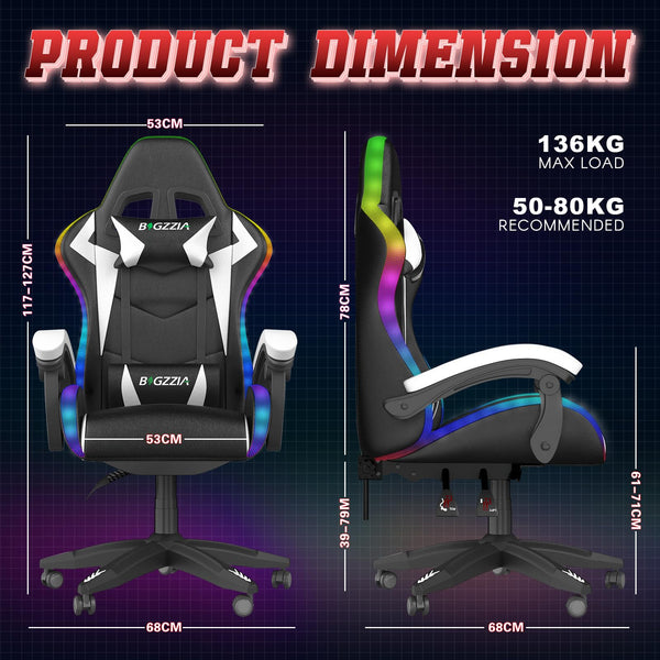 bigzzia RGB Gaming Chair with LED Lights and Ergonomic Computer Chair Reclining PU Leather High Back Video Game Chair with Headrest Adjustable Lumbar Support Linkage Armrest for Adults (Black/Grey)