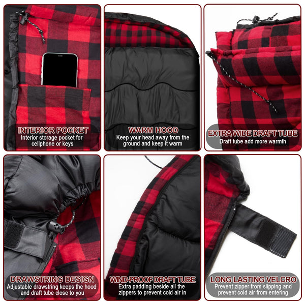 FORINBUY Winter Cotton Flannel Double Sleeping Bag for Adults - 0 degree Queen Size 2 Person Sleeping Bag, Waterproof & Warm for Cold Weather, Ideal for Couples, Family Camping & RV Travel