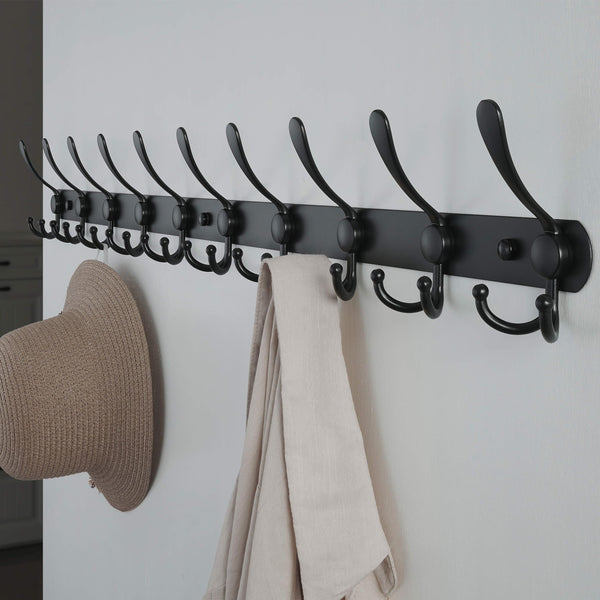 Dseap Wall Mounted Coat Rack - 96cm Long 10 Tri Hooks, Heavy Duty Stainless Steel Metal Coat Hanger Rail Wall Hooks for Coats Hats Clothing Clothes
