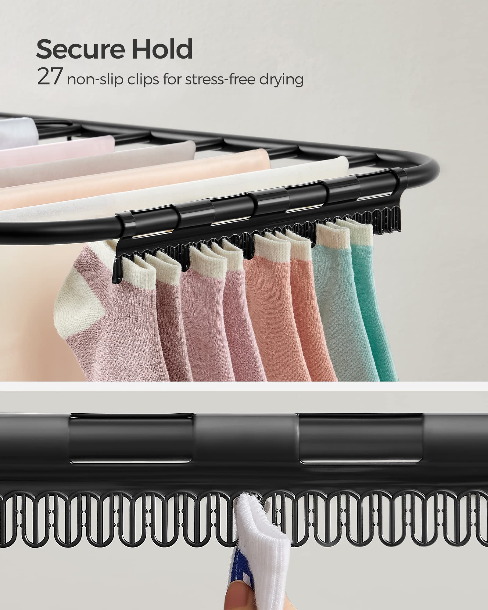 SONGMICS Clothes Airer, Foldable Clothes Drying Rack, Clothes Horse with Height-Adjustable Wings, Free-Standing Laundry Drying Rack, Indoor and