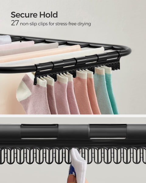 SONGMICS Clothes Airer, Foldable Clothes Drying Rack, Clothes Horse with Height-Adjustable Wings, Free-Standing Laundry Drying Rack, Indoor and