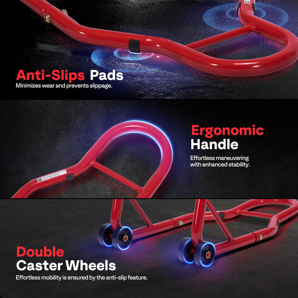 SPECSTAR Motorcycle Paddock Stand Combo 400kg Capacity Front and Rear Wheel Lift with U & L Fork Adjustable Swingarm Spool Stands for Motorbike Garage Repair Use Scissor Stand with 4 Wheels