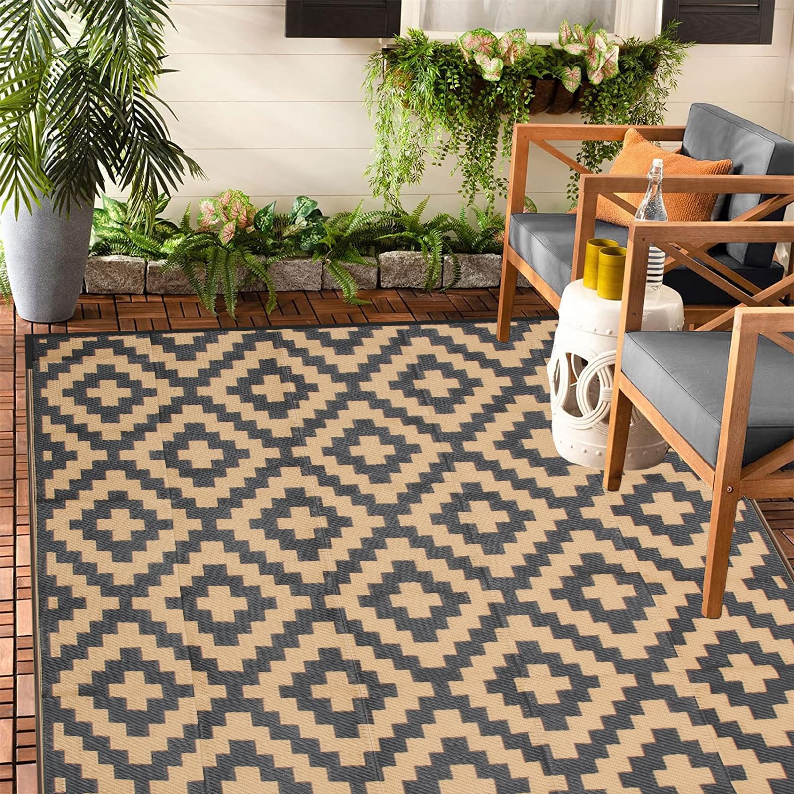 Enipate Geometric Outdoor Rugs for Patios Clearance, 152x 244cm(5x8ft) Reversible & Easy Cleaning Patio Decking Rug, Portable Comfortable Woven Garden