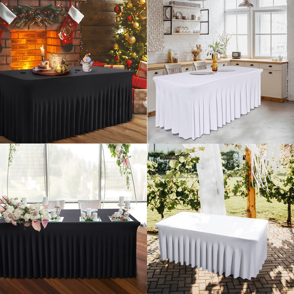 BDDC Rectangle Table Skirts - 8ft One Piece White Table Cover with Wrinkle Resistant Ruffles for Banquets, Weddings & Parties