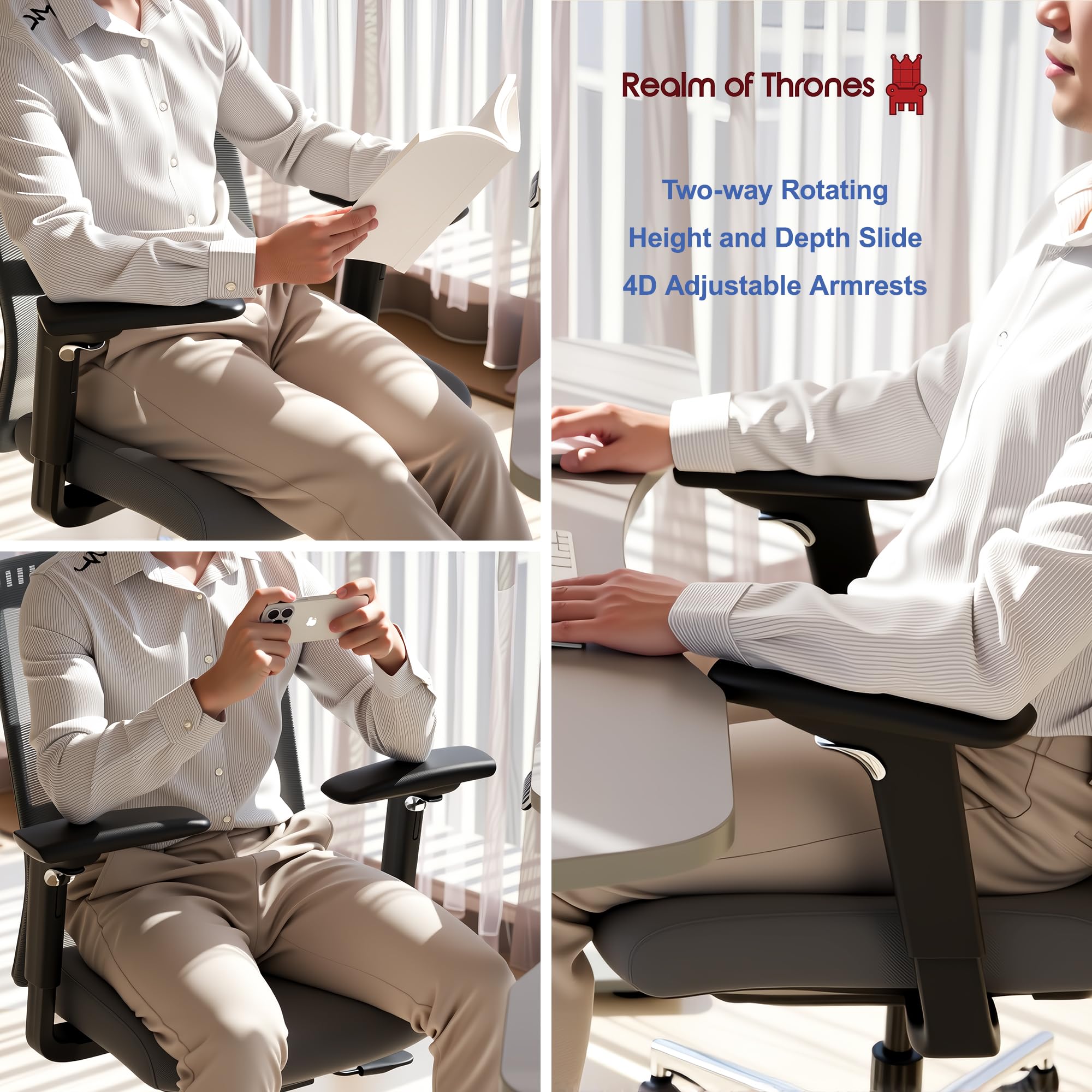 Realm of Thrones CAPTAIN Ergonomic Office Chair for Home, Heavy Duty Steel Base, Versatile Flip-up Armrests, Adjustable Lumbar Support, Mesh Back Comfort Cushion Seat for Computer Desk/Gaming (Black)