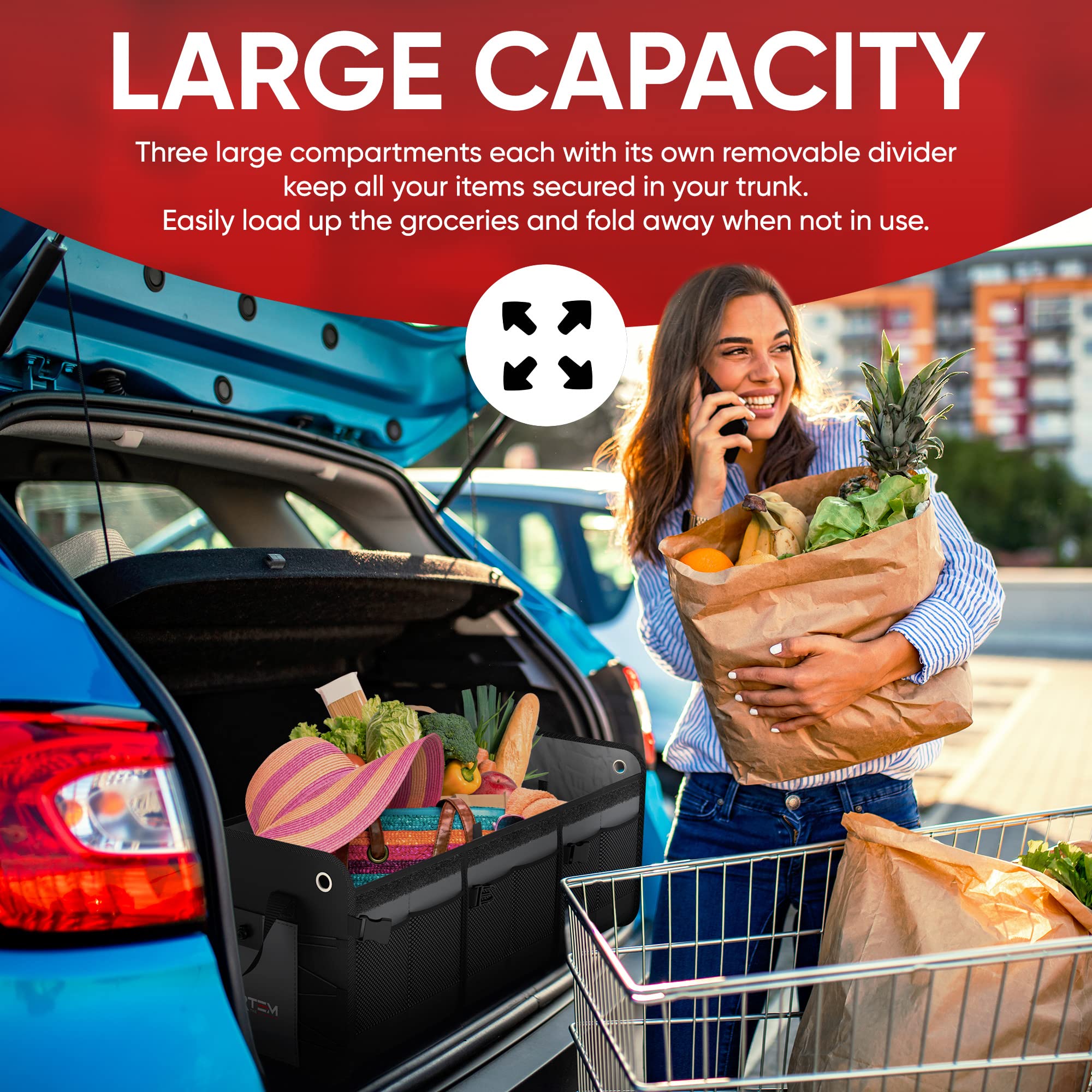 FORTEM Car Boot Organiser, SUV Boot Tidy, Trunk Storage, Collapsible Multi Compartment Car Organiser, Non Slip Bottom, Adjustable Securing Straps, Foldable Cover (65L)