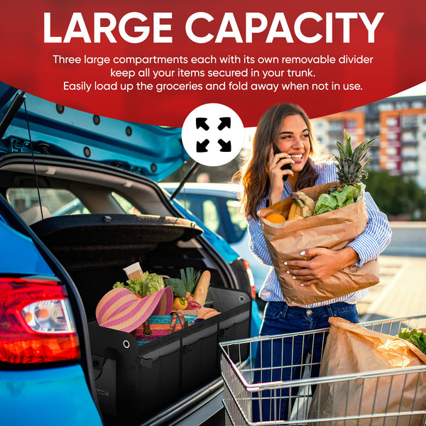 FORTEM Car Boot Organiser, SUV Boot Tidy, Trunk Storage, Collapsible Multi Compartment Car Organiser, Non Slip Bottom, Adjustable Securing Straps, Foldable Cover (65L)