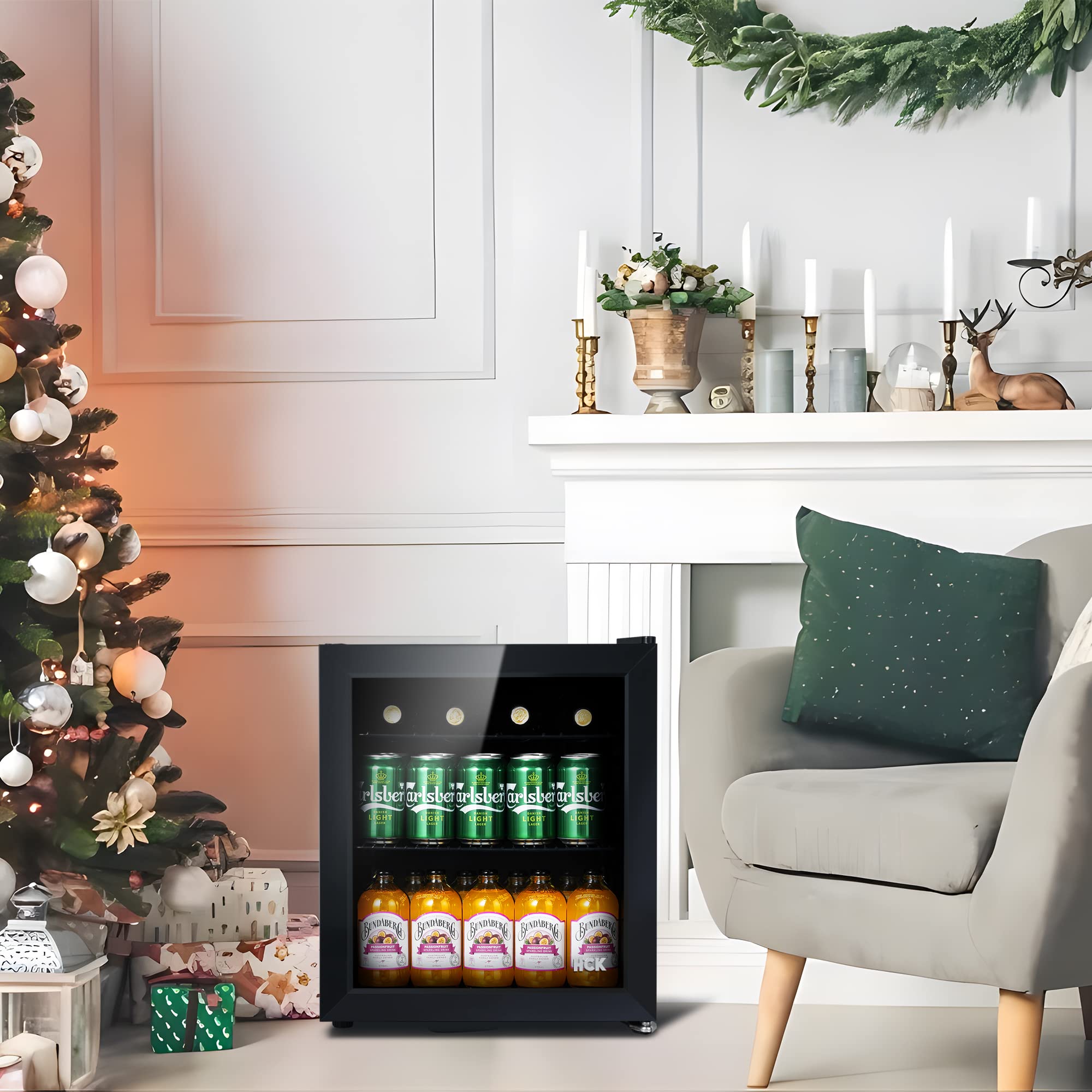 HCK 48L Mini Fridge with Glass Door, 0-15°C Cooling Zone and 2 Shelves, Compact Beverage Refrigerator Cooler for Bar and Living Room