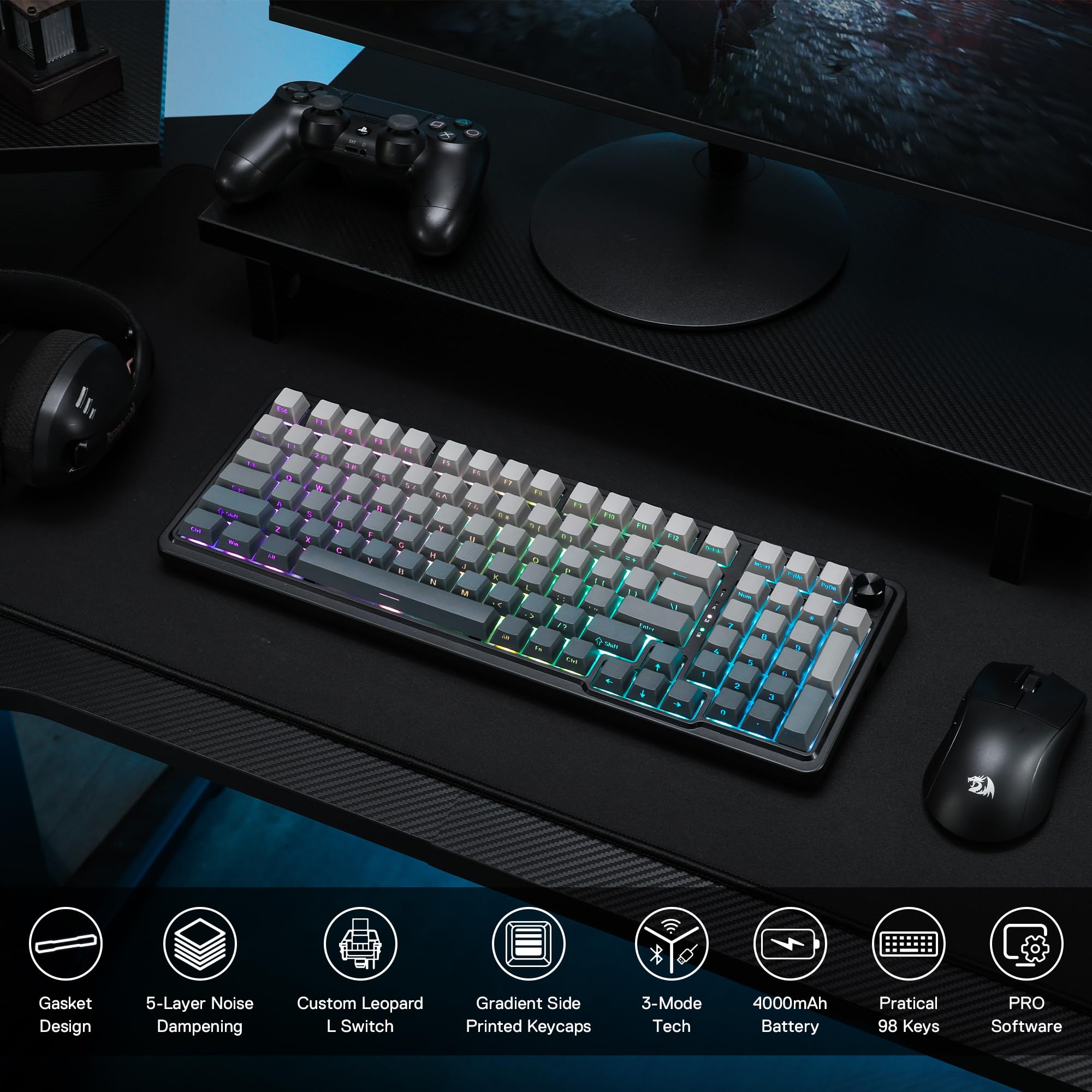 Redragon K686 PRO 98 Keys Wireless Gasket RGB Gaming Keyboard, 3-Modes Anime Mechanical Keyboard w/Hot-Swap Socket, Dedicated Knob Control & Sound Absorbing Pads, Custom Hi-Fi Linear Switch