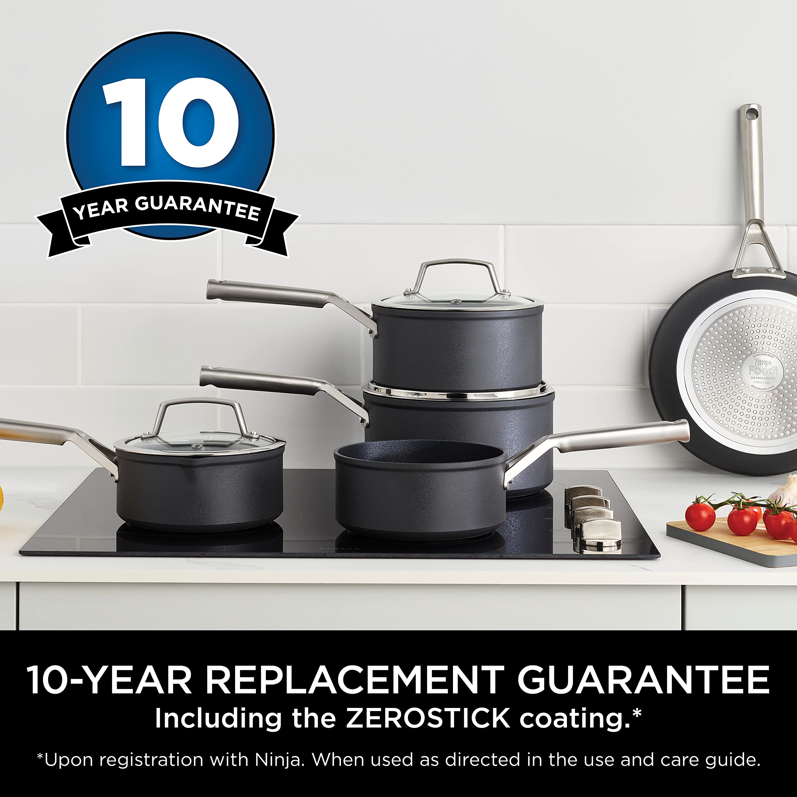 Ninja ZEROSTICK Premium 5-Piece Pan Set, Long Lasting Non-Stick, 3x Saucepans with Glass Lids, 1x Milk Pan, 1x Frying Pan, Hard Anodised Aluminium, Induction Compatible, Grey C35000UK