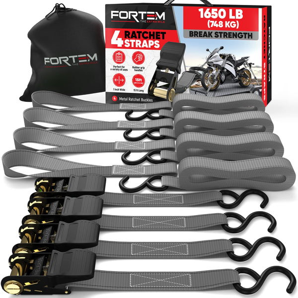 FORTEM Ratchet Straps, 748kg Break Strength, 4 Pack 4.6m x 2.54cm Tie Down Strap Set, 4 Soft Loops, Motorcycle Straps Tie Downs, Cargo Cam Buckles, Rubber Handles, Carry Bag