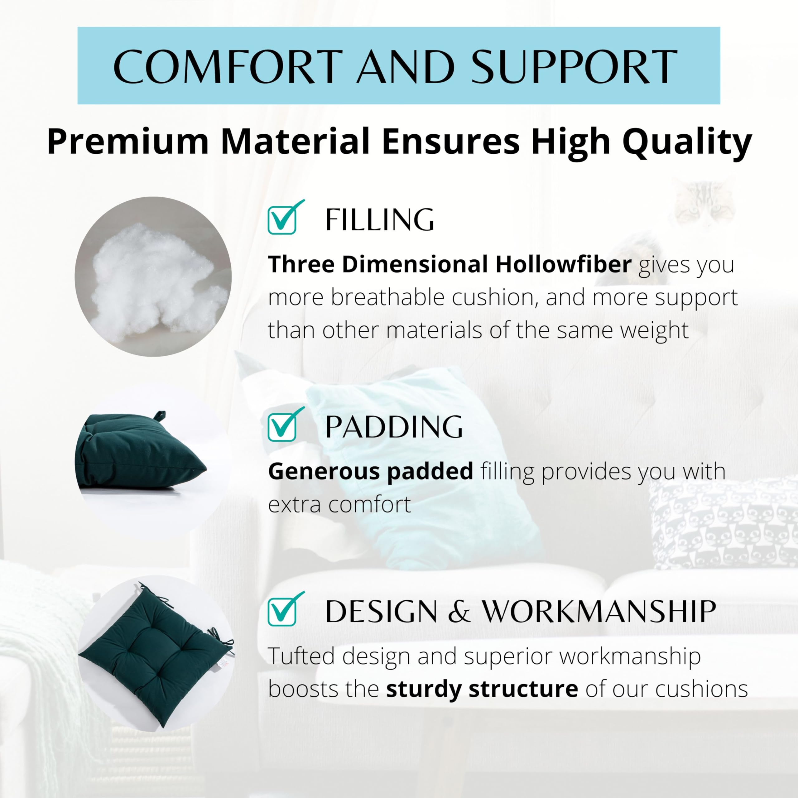 HAMO Garden Chair Cushions Outdoors Seat Pads, Set of 4, 40x40 cm, 16x16 inches (Dark Green)