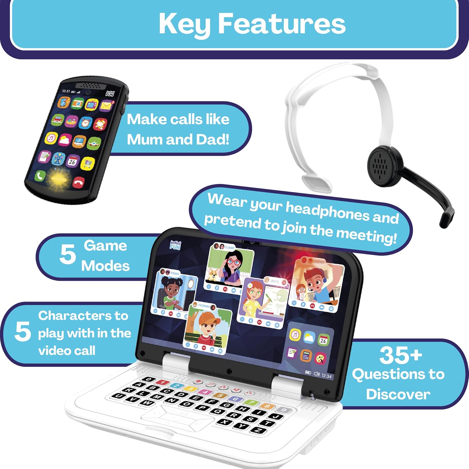 Infini Fun My First Home Office Set - Imaginative Play Imitation Game for Kids, Ultra-Realistic Work Set Up Toy, Pretend Kids Play Set - Laptop, Phone & Headphones - Be Like Mum & Dad, Age 18 Months +