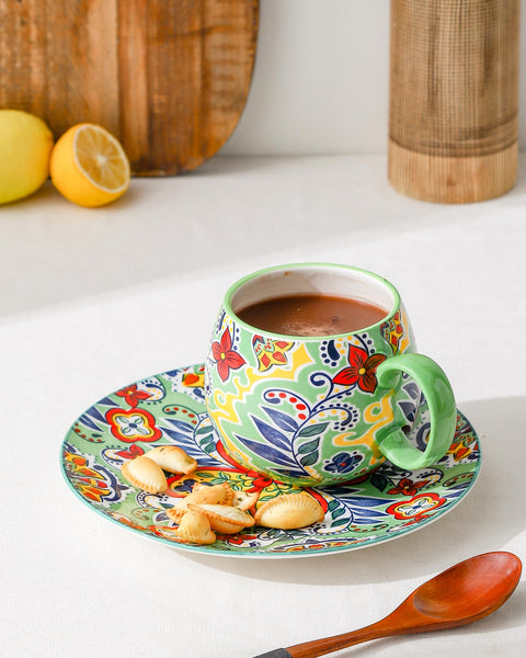 HENXFEN LEAD Cappuccino Cups Set, 600ml Porcelain Coffee Cups with Handle, 6 Pack of Porcelain Cups for Tea Coffee Milk Cappuccino with Pattern and