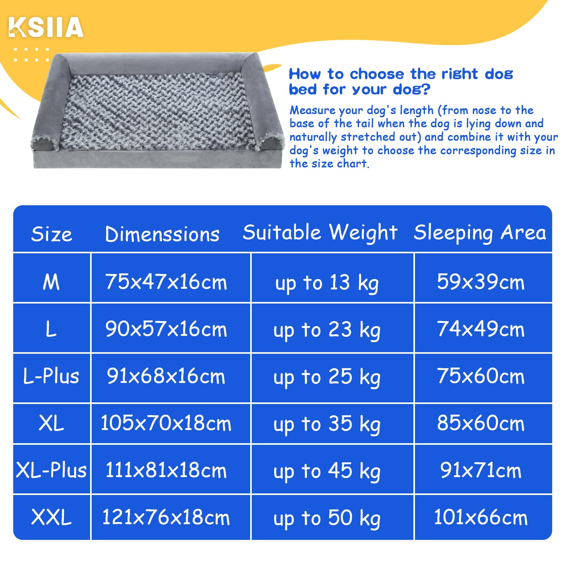 KSIIA Large Dog Bed, Orthopedic Dog Sofa Beds Couch with Removable Washable Cover, Waterproof Pet Sofa with U-Shape Bolster, Grey 88.9x55.88x16cm