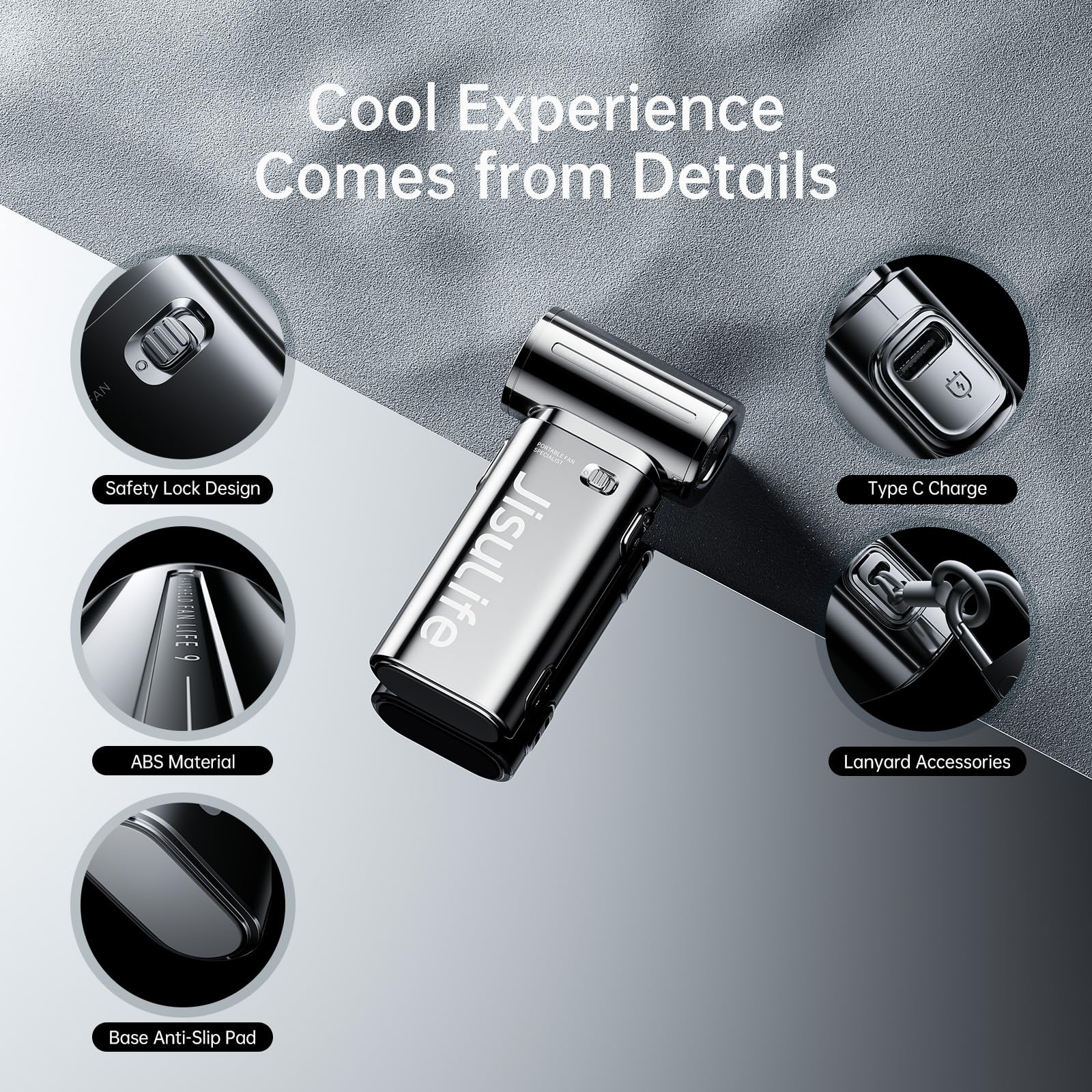 JISULIFE Portable Handheld Fan Life9, Turbo Power High Speed Air [18H Max Cooling Time], 5 Gear Wind, 5000mAh Rechargeable, Mini Pocket Design, Personal Fan for Travel Concerts Camping Makeup - Black