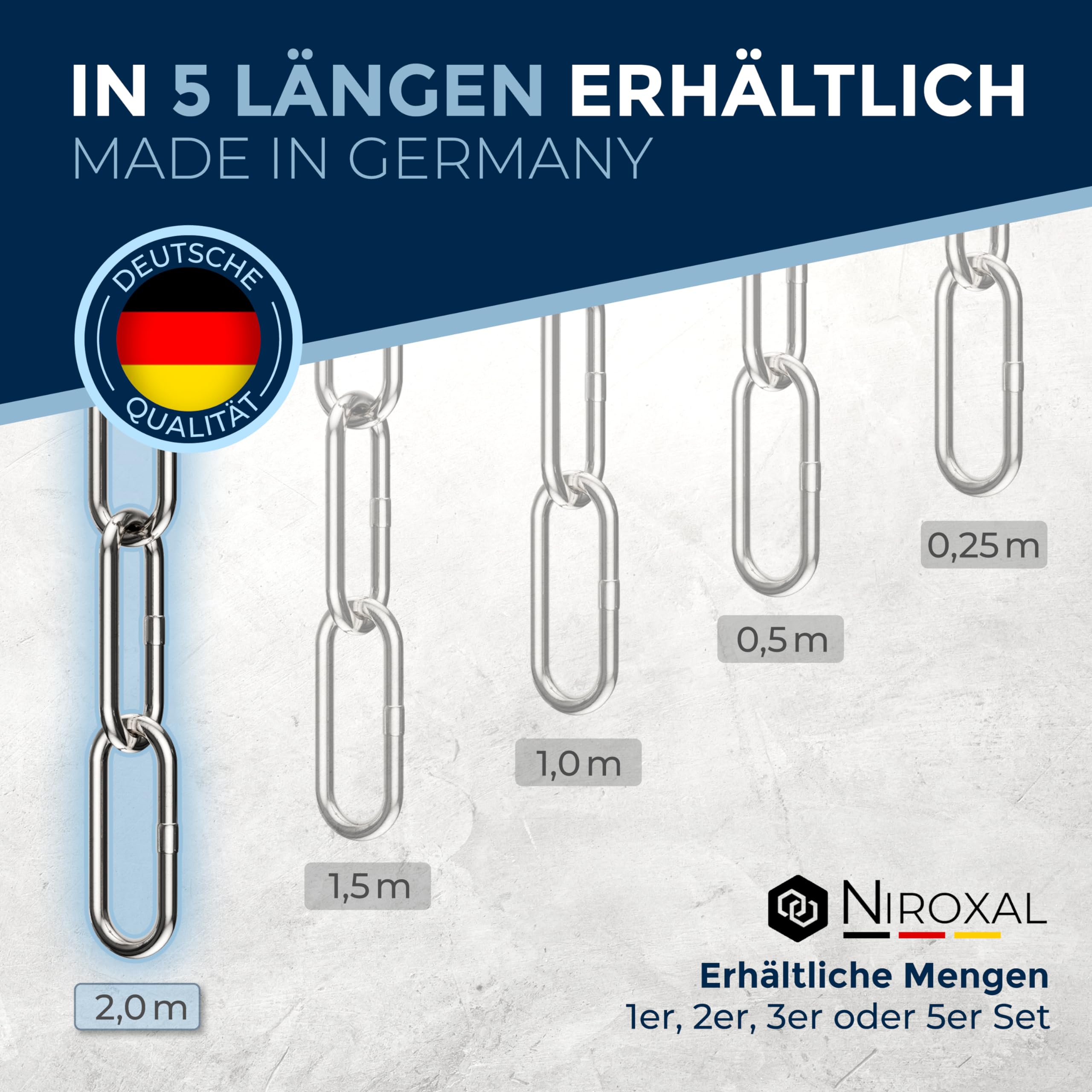 5 Pieces 200-cm = 2-Meter 3 mm Thick Stainless Steel Chain Breaking Load max 350 kg with Shackle Screw connectors Made of V4A mounting Set Suspension