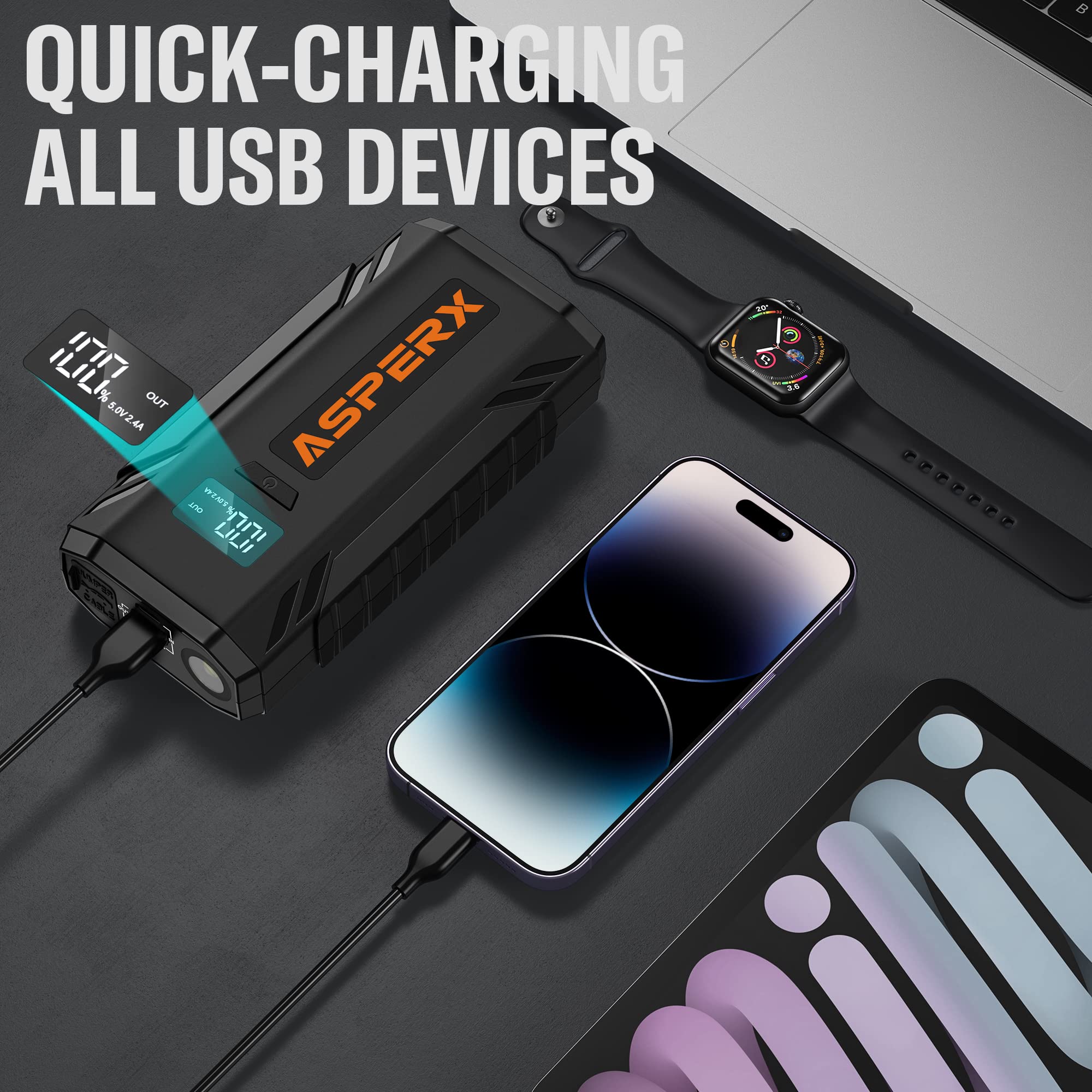 ASPERX 4000A Jump Starter Power Pack (up to All Gas or 10L Diesel Engine), 12V Car Battery Booster Pack Portable Jump Starter Power Bank with LED Display & USB-C for RV Truck SUV