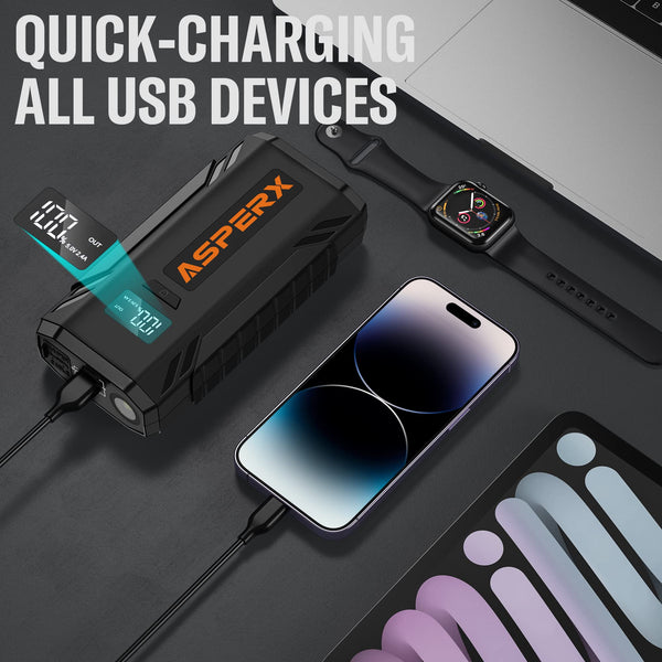 ASPERX 4000A Jump Starter Power Pack (up to All Gas or 10L Diesel Engine), 12V Car Battery Booster Pack Portable Jump Starter Power Bank with LED Display & USB-C for RV Truck SUV