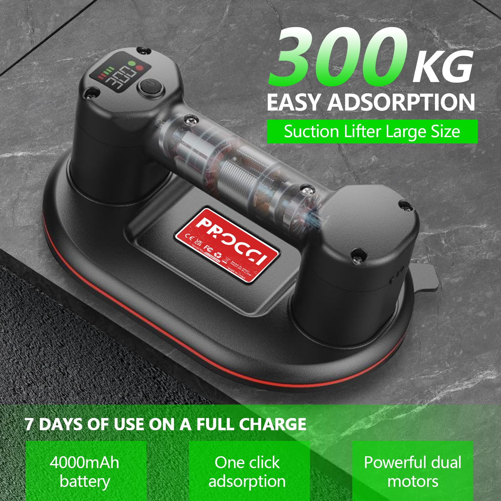 Procci Electric Battery Suction Cup – Cordless Vacuum Lifter for Tiles, Glass, Marble – Dual Motors, 300 KG Suction, LCD Display, 4500mAh Battery, 12h Runtime – for Smooth & Lightly Textured Surfaces