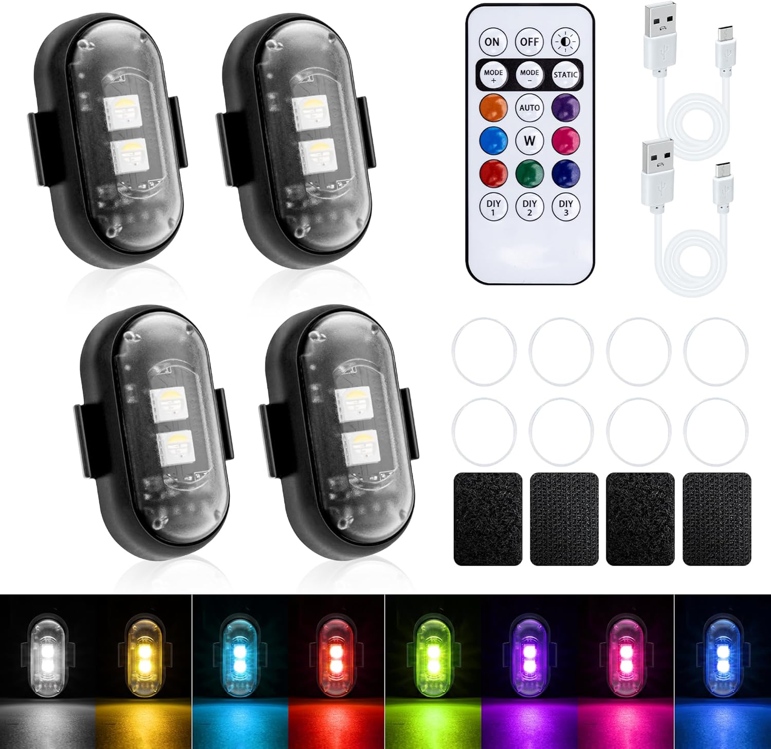 4PCS LED Car Strobe Lights with Remote Control,Wireless LED Ambient,8 Colors USB Rechargeable Waterproof Flashing Warning Lights for Car Drone Motorcycle Bike Truck