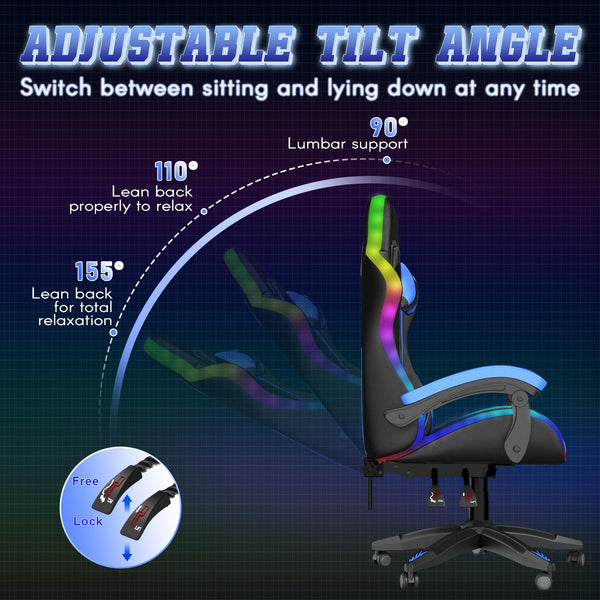 bigzzia RGB Gaming Chair with LED Lights and Ergonomic Computer Chair Reclining PU Leather High Back Video Game Chair with Headrest Adjustable Lumbar Support Linkage Armrest for Adults (Black/Grey)