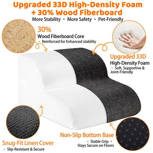 Gimars 30D High-Density Foam & Extra-Wide, Stable 3-Step Dog Stairs, 40cm High Pet Stairs with Washable Cover & Non-Slip Base, Portable Ramp for Small Dogs to Sofa, Bed, Couch, Car