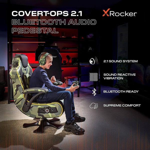 X-Rocker Covert Ops Gaming Chair, 2.1 Multi-Stereo Sound Console Gaming Seat with Bluetooth Speakers, Subwoofer and Vibration Faux Leather Folding for Mobile, Switch, PS5, XBOX - Camo Green/Black