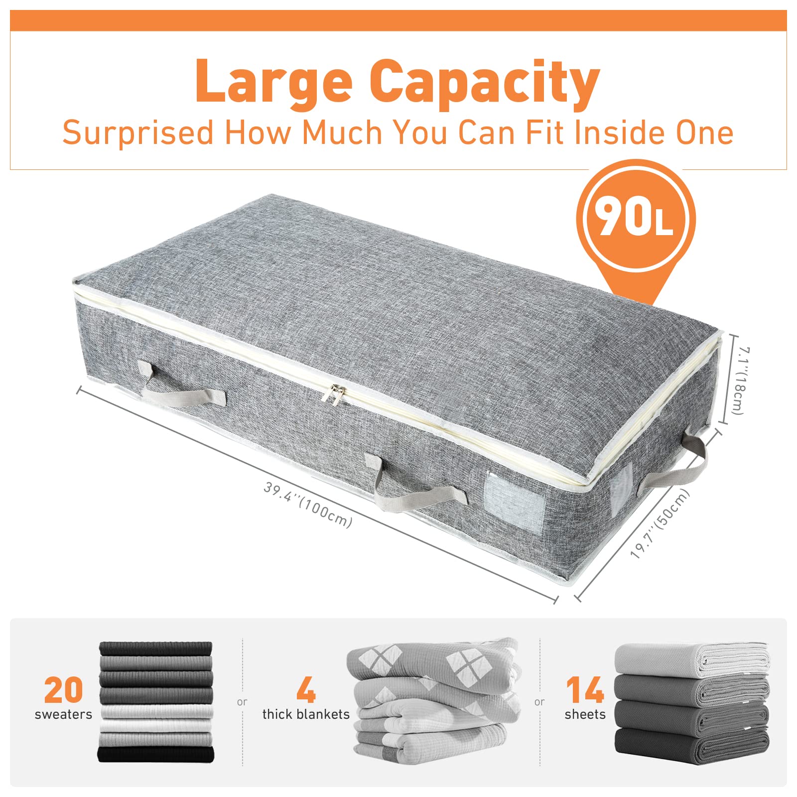 90L Under-Bed Storage Bags with Zips, Large Storage Organizer Boxes, Foldable Clothes Storage Bag, Fabric Storage Bags for Duvets, Shoes, Beddings,