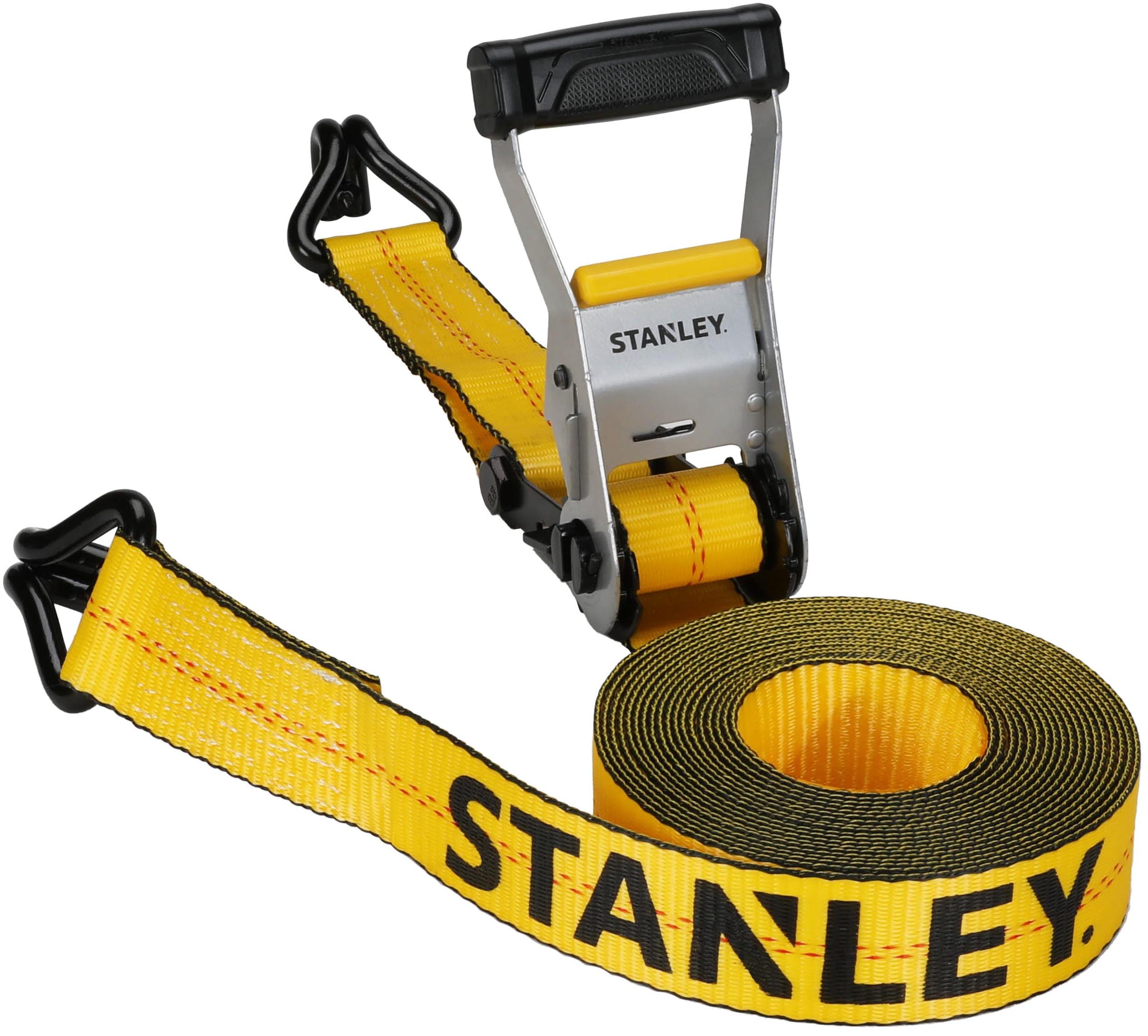 STANLEY S1007 Black/Yellow 1.5" x 16' Ratchet Tie Down Straps - 1,100 lb Safe Working Load / 3,300 lb Break Strength, 2 Pack