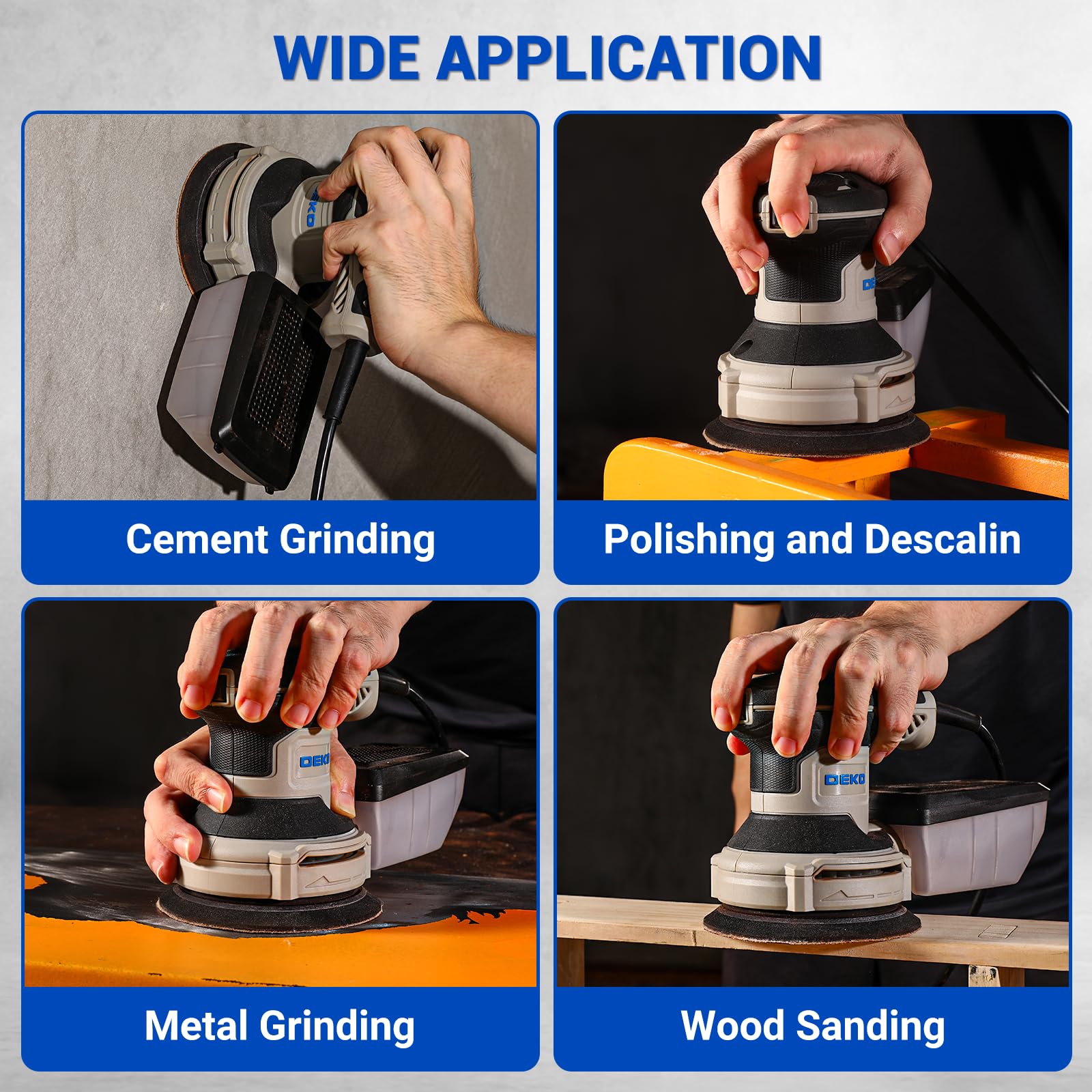 DEKOPRO Random Orbit Sander 300W with 16Pcs Sandpapers, 6 Variable Speed 14000RPM, 125MM Hand Electric Tool, High Performance Dust Collection System, Fit for Woodworking/Sanding